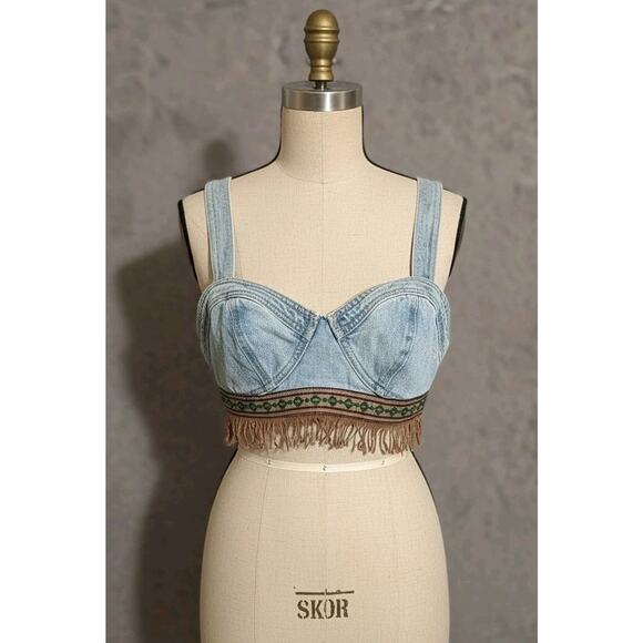 Vtg Maximum Energy USA Blue Denim Fringe Boho Tank Crop Top Womans Size Medium - Picture 1 of 9
